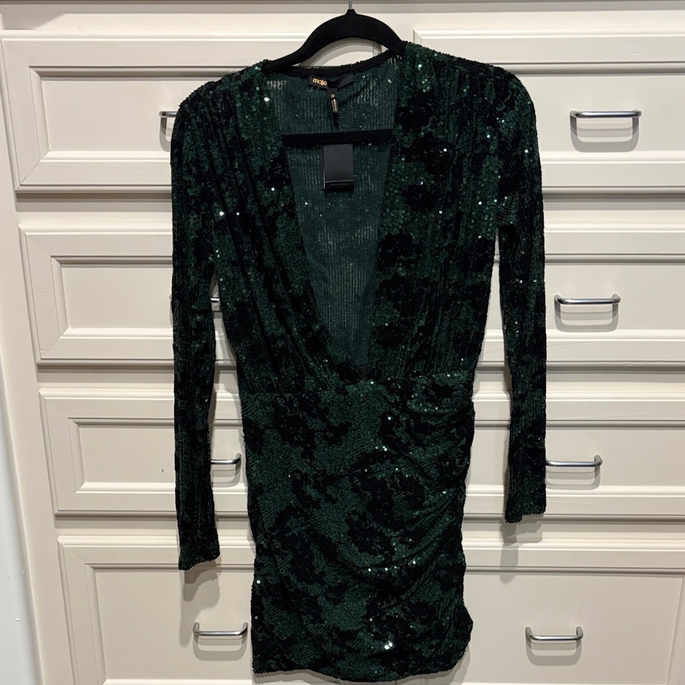 Maje Emerald Green Sequin Plunge Long Sleeve Mini Dress